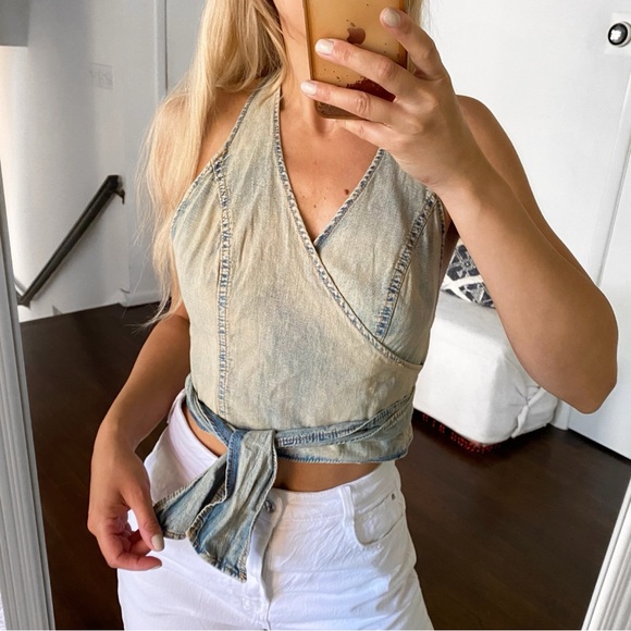 π ZARA DENIM ACID WASH HALTER STYLE BACK TIE CROP TOP! - Picture 5 of 15